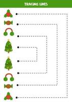 linhas de rastreamento para crianças. elementos de natal dos desenhos animados. prática da escrita. vetor