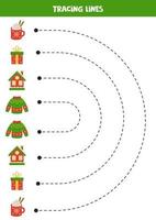 linhas de rastreamento para crianças. elementos de natal dos desenhos animados. prática da escrita. vetor