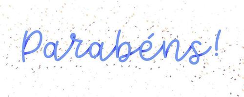 mão cursiva palavra azul claro feliz aniversário em português brasileiro com confete. tradução - feliz aniversário vetor
