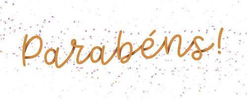 mão cursiva palavra ouro feliz aniversário em português brasileiro com confete. tradução - feliz aniversário vetor