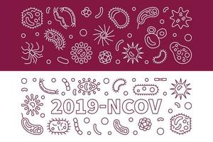 conjunto de banners horizontais de vetor de contorno de vírus 2019-ncov