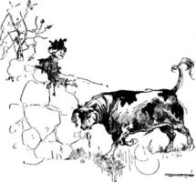 jovem baía e uma vaca, ilustração vintage. vetor