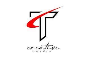 delinear o design do logotipo da letra t com swoosh vermelho criativo. ícone inicial da letra t com vetor de forma curva