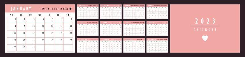 Modelo de planejador de calendário 2023 com citações. a semana começa no domingo. calendário fofo de parede rosa. conjunto de 12 meses vetor