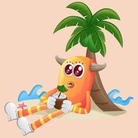 lindo monstro laranja bebe água de coco sob palmeira no verão vetor