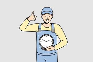 homem sorridente de uniforme segurando o relógio nas mãos aparecendo o polegar. trabalhador masculino feliz com relógio se preocupa com gerenciamento de tempo e prazo. ilustração vetorial. vetor