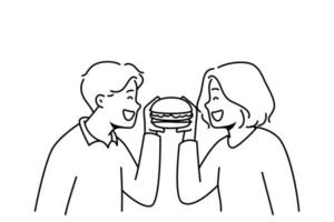 casal sorridente comendo hambúrguer saboroso juntos. homem e mulher felizes desfrutam de um delicioso hambúrguer. rede de fast food e restaurantes. ilustração vetorial. vetor