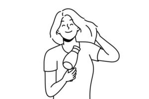 sorridente jovem soprar o cabelo com secador. garota feliz prepare-se soprando cabelo com dispositivo de ventilador. beleza e tecnologia. ilustração vetorial. vetor