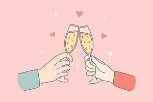 comemorando com conceito de champanhe e aplausos. mãos humanas de casal tilintando copos com vinho espumante comemorando ilustração vetorial de férias vetor