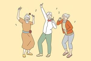 conceito de estilo de vida ativo de pessoas maduras idosas. grupo de homens e mulheres felizes de cabelos grisalhos dançando se divertindo aproveitando o tempo juntos ilustração vetorial vetor