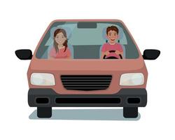 feliz jovem e mulher em um carro na viagem vista frontal design de ilustração dos desenhos animados vetor