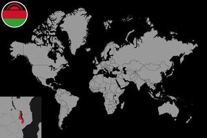 pin mapa com bandeira do malawi no mapa do mundo. ilustração vetorial. vetor