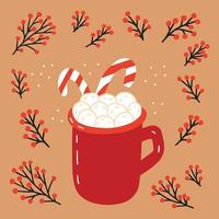 bebida de inverno de natal com marshmallows e pirulito. cartão de natal com chocolate quente e ilustração vetorial de marshmallows vetor