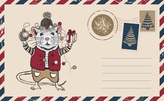 cartão postal de natal, correio, ilustração desenhada à mão. vetor