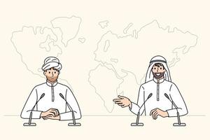 conferência de imprensa do conceito de empresários árabes. dois homens do islamismo parceiros empresários sentados conversando com ilustração vetorial de conferência de imprensa vetor