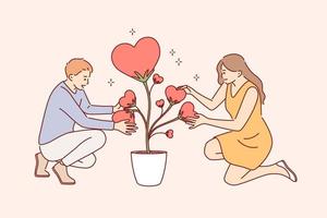 cuidando do conceito de amor e plantas. jovem casal sorridente, personagens de desenhos animados de mulher e homem sentados segurando folhas em forma de coração de planta de amor em pote juntos ilustração vetorial vetor