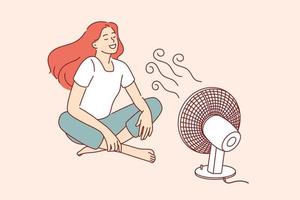 apreciando o conceito de ondas de vento legal. personagem de desenho animado jovem sorridente sentada no chão pegando vento frio da ilustração vetorial de ventilador vetor