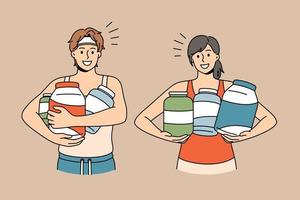 suplemento dietético e conceito de esporte. jovem casal sorridente em roupas esportivas em pé segurando frascos com vitaminas e suplementos dietéticos ilustração vetorial