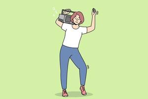 jovem muito feliz com aparelho de som no ombro dançando e se divertindo. garota sorridente gosta de música no dispositivo boombox. ilustração vetorial. vetor