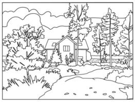 livro de colorir . linda paisagem, casa de fazenda na floresta. fundo de linha de arte vetorial. vetor