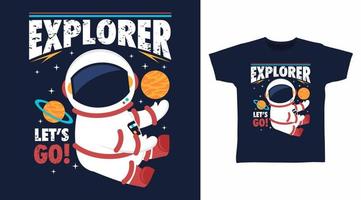 design de arte de camiseta de desenho animado explorador de astronauta vetor