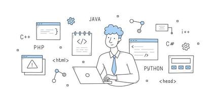 programador desenvolve conceito de doodle de código, desenvolvedor vetor