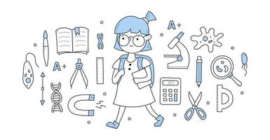 de volta ao conceito de doodle da escola com aluna vetor