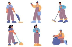 conjunto de personagens de empresa de limpeza de uniforme vetor