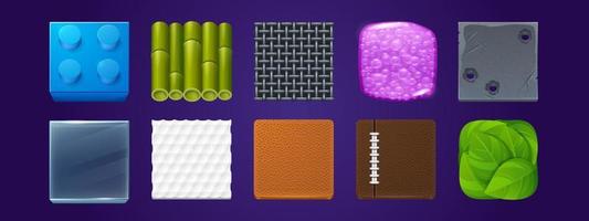 amostras de textura. ícones de aplicativos de interface do usuário do jogo, botões quadrados vetor