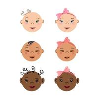 sorrindo retratos frontais de recém-nascidos. conjunto de rostos de bebê multirraciais. meninos e meninas pequeninos. estilo simples ilustrações vetoriais desenhadas à mão. vetor