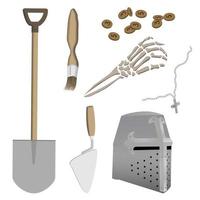 conjunto de antiguidades do sítio arqueológico medieval de cavaleiro-cruzado. ferramentas de escavação. ilustração vetorial.