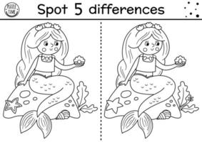 preto e branco encontram jogo de diferenças para crianças. atividade educacional de conto de fadas com linda sereia e pérola. quebra-cabeça do reino mágico para crianças. planilha imprimível de conto de fadas ou página para colorir vetor