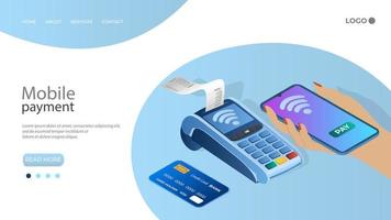 mobile payment.a mulher paga por compras via nfc usando um terminal de pagamento de smartphone.the conceito de tecnologias modernas ao pagar por compras.3d ilustração vetorial.
