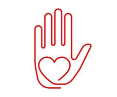ícone de caridade e alívio. mão doar ilustração vetorial de sangue. símbolo de design de linha de cuidados de saúde. vetor