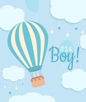 é um cartão de chá de bebê menino com um balão de ar quente e nuvens com estrelas no fundo azul pastel vetor