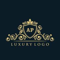 letra ap logotipo com escudo de ouro de luxo. modelo de vetor de logotipo de elegância.