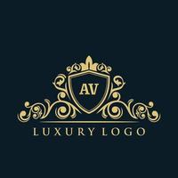 letra av logotipo com escudo de ouro de luxo. modelo de vetor de logotipo de elegância.