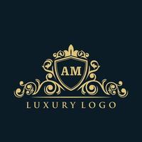 letra am logotipo com escudo de ouro de luxo. modelo de vetor de logotipo de elegância.