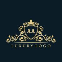 letra aa logotipo com escudo de ouro de luxo. modelo de vetor de logotipo de elegância.