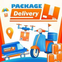 transporte de entrega de pacotes. ilustração 3d de motocicleta, carro e drone vetor