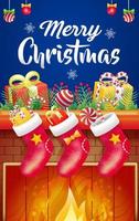 Feliz Natal. ilustração 3D de meias vermelhas, presentes, doces e fogueiras em ambiente acolhedor vetor
