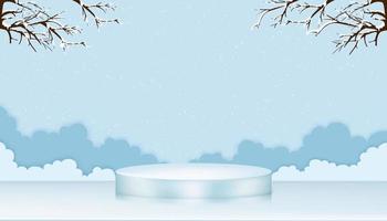 fundo de feliz natal com forma de cilindro de exibição 3d e cloudscape de corte de papel com decoração de flocos de neve no céu azul, ilustração vetorial para banner de natal ou ano novo ou cartão de felicitações vetor