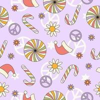 padrão sem emenda de natal groovy hippie. fundo floral festivo retrô no estilo dos anos 60, 70. ilustração vetorial na moda. Cores pastel vetor