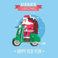 cartão de natal com papai noel na scooter vetor