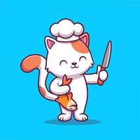 gato chef bonito segurando ilustração de ícone de vetor de desenho de peixe e faca. comida animal comida ícone conceito isolado vetor premium. estilo de desenho animado plano