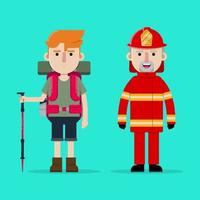 ilustração vetorial de um personagem de desenho animado com diferentes profissões, bombeiros e alpinistas. vetor