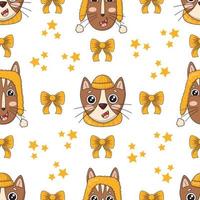 padrão perfeito com cabeças de gatos fofos de natal em chapéus e cachecóis amarelos de malha, com arcos e estrelas vetor
