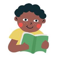 cabelo preto menino olhos negros pele escura lendo livro vetor