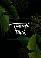 design de verão tropical escuro com folhas de palmeira de banana, moldura brilhante e espaço para texto. vetor de panfleto, banner ou modelo de cartão. fundo de vetor de verão.