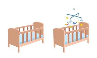 clipart de berço de madeira. berço bonito simples com ilustração em vetor plana de brinquedo móvel de bebê pendurado. berço berço cama crianças quarto cartoon estilo desenhado à mão. crianças, chá de bebê, decoração de berçário